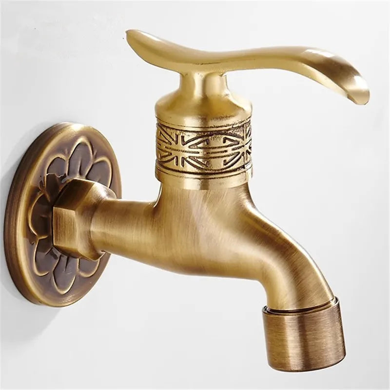 Tuqiu antique brass washing machine outdoor faucet with ornate floral and geometric embossed details