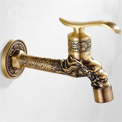 Tuqiu antique brass washing machine faucet with intricate dragon head design and ornate textured detailing for outdoor use