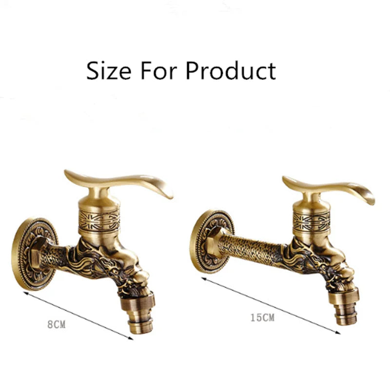 Tuqiu antique brass washing machine faucet with ornate dragon head and decorative fluted spout for outdoor use