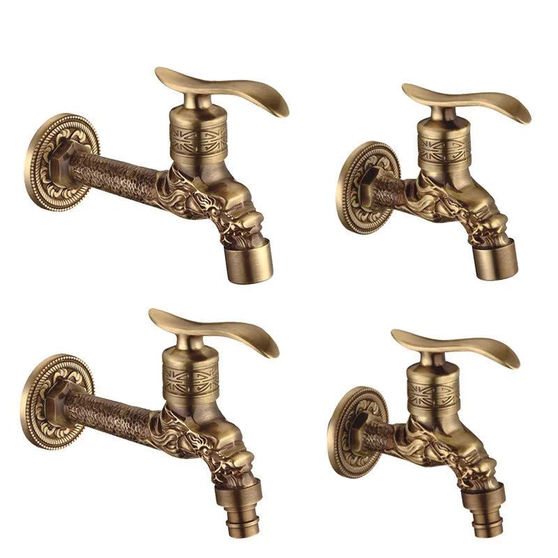 Antique brass washing machine faucet with ornate dragon head and decorative circular plate for outdoor use