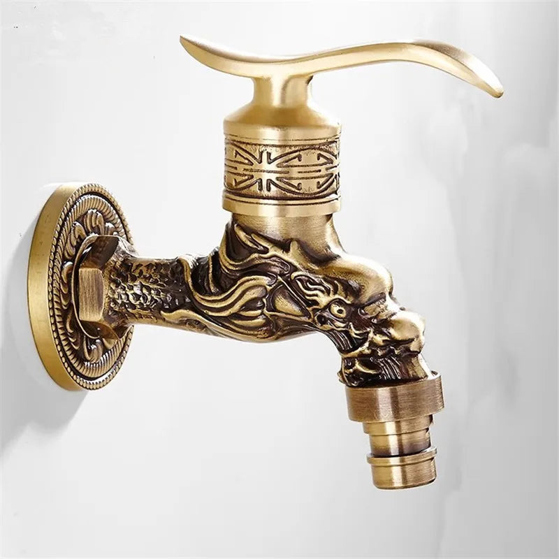 Tuqiu antique brass washing machine faucet with ornate dragon head design and intricate engraved patterns for outdoor use