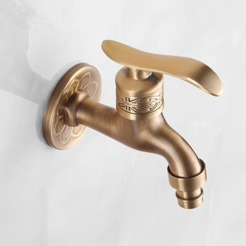 Tuqiu antique brass washing machine faucet with ornate floral and geometric embossing for outdoor use