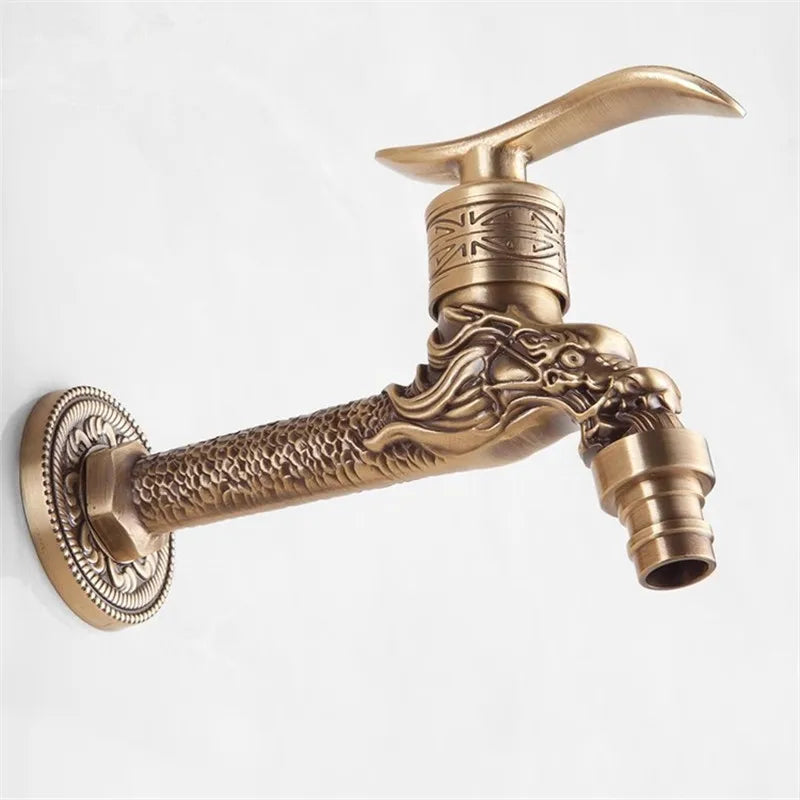 Brass dragon carved outdoor washing machine faucet with intricate scale and facial detailing for garden use