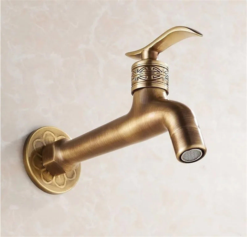 Tuqiu antique brass washing machine faucet with ornate floral and geometric detailing for outdoor use