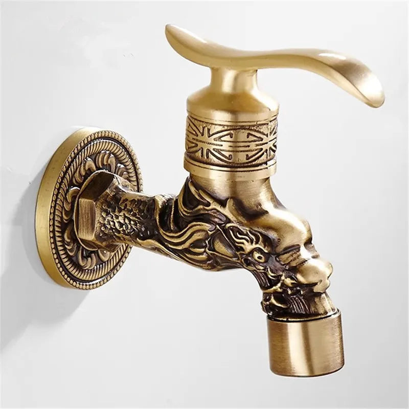Tuqiu antique brass washing machine faucet with ornate dragon head design and intricate engraved patterns for outdoor use