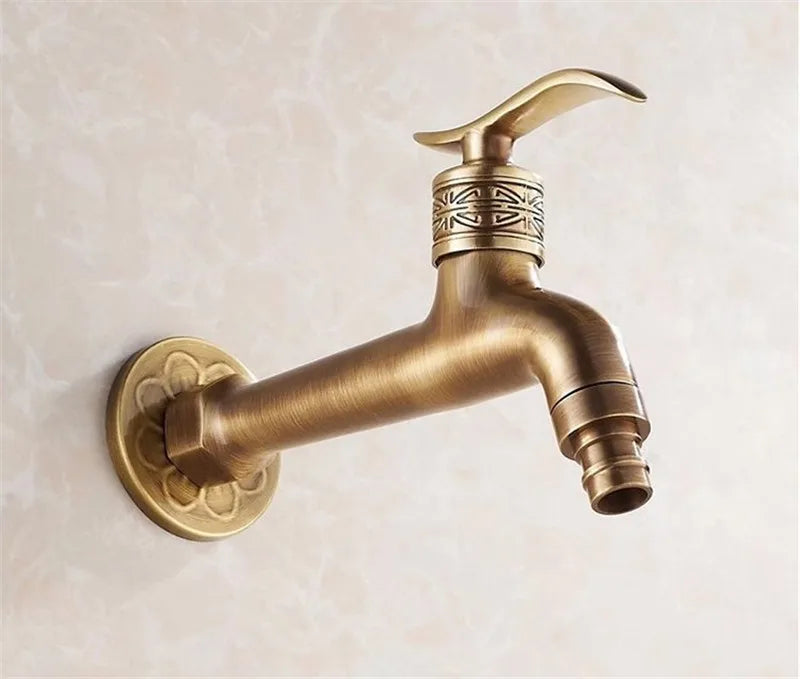Tuqiu antique brass washing machine faucet with ornate floral and geometric detailing for outdoor use