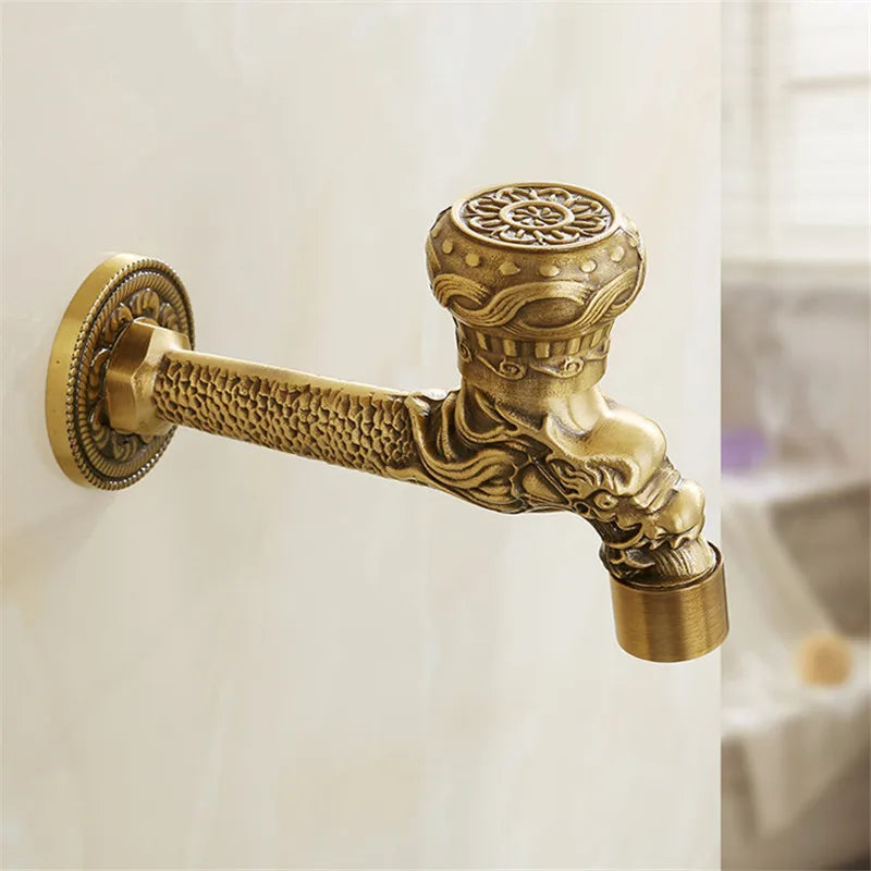 Antique brass tuqiu washing machine faucet with intricate dragon design and ornate detailing for outdoor use