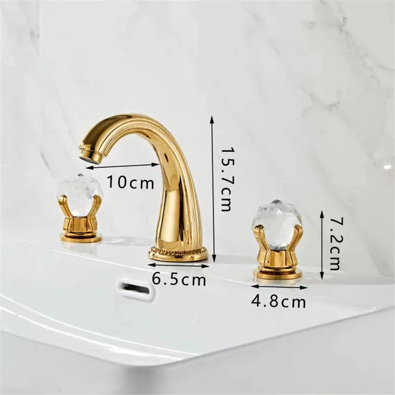 Tuqiu gold finished three-handle brass bathroom faucet set with crystal knobs for hot and cold water use