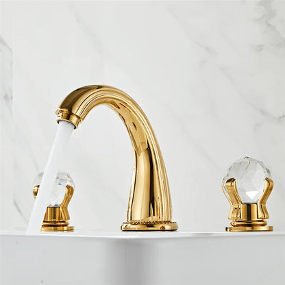 Tuqiu gold-finished brass bathroom faucet with three crystal handles for hot and cold water in a widespread design