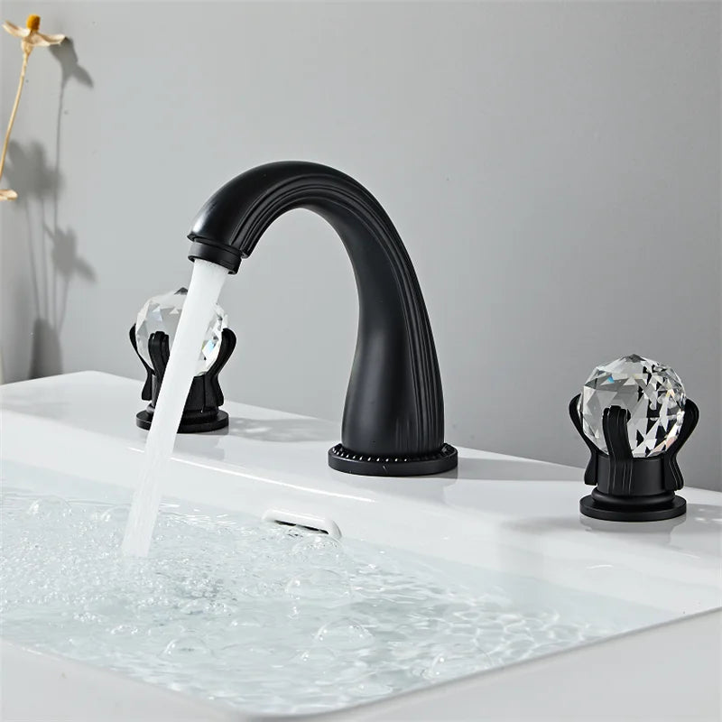 Black matte finish tuqiu gold basin faucet with crystal handles brass widespread sink tap for hot and cold water