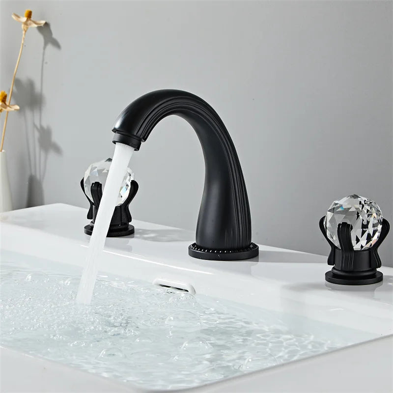 Tuqiu gold basin faucet black matte brass widespread sink tap with crystal handles for hot and cold water use