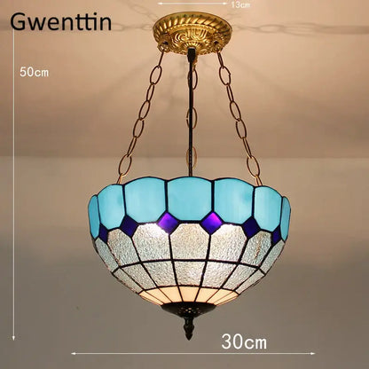Gwenttin pendant light with turquoise and purple diamond square stained glass mosaic shade for kitchen use