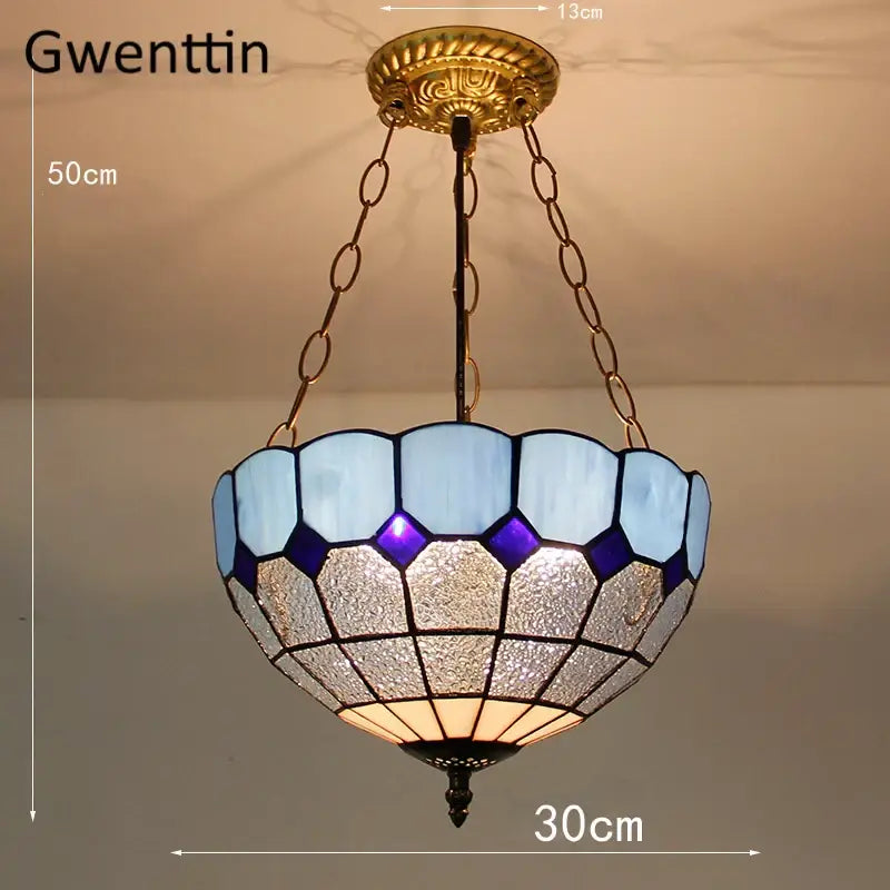 Gwenttin pendant light with turquoise and purple diamond square stained glass octagonal shade for kitchen use
