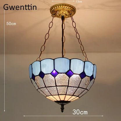 Gwenttin pendant light with turquoise and purple diamond square stained glass octagonal shade for kitchen use
