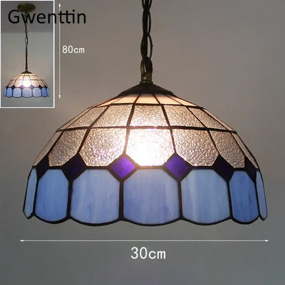 Turquoise and purple diamond square stained glass pendant light with brass finish for kitchen lighting