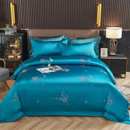 Turquoise blue satin jacquard bedding set with delicate floral embroidery for elegant bedroom decorbites blue satin