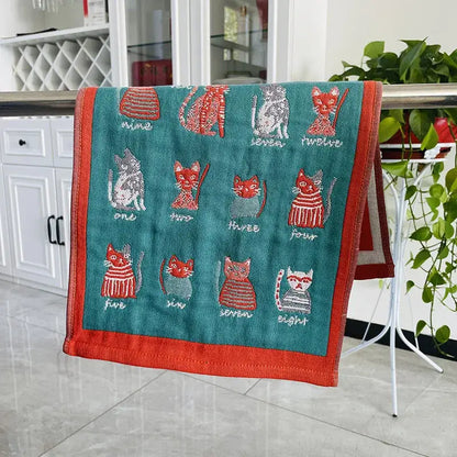 Teal and orange embroidered cotton gauze hand and face towel with numbered cats grid for bathroom decorbites cotton gauze