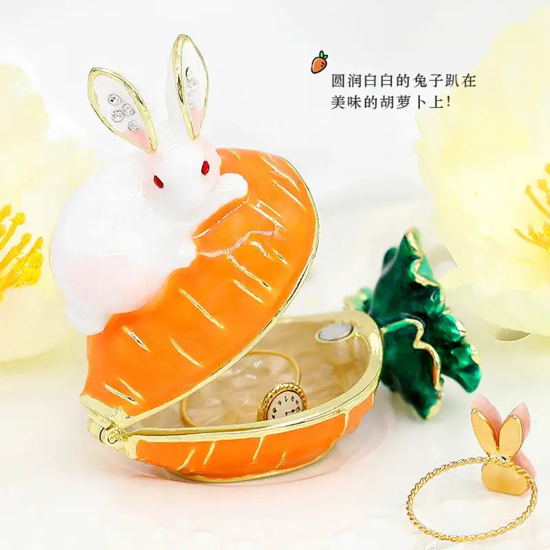 White rabbit with red eyes crystal animal figurine on orange carrot trinket box for decorbites crystal animal decor