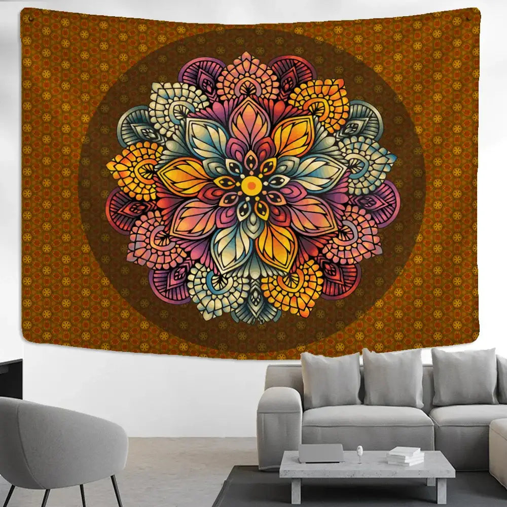 Vibrant turquoise and gold elephant mandala tapestry with intricate floral patterns on warm brown background wall hanging decorbites decor