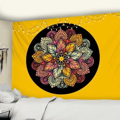 Turquoise and gold decorbites elephant mandala tapestry wall hanging featuring vibrant floral patterns on black background