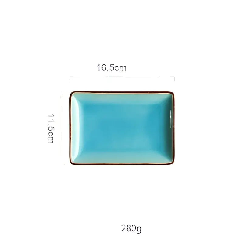 Turquoise ice cracking glaze ceramic tableware set featuring a rectangular ceramic plate with dark brown rim for dining room use