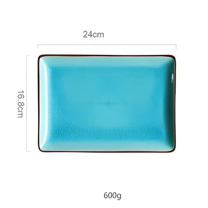 A rectangular ceramic tableware set plate with turquoise ice cracking glaze and dark brown rim for dining room use