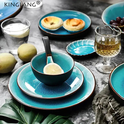 Turquoise ice cracking glaze ceramic tableware set featuring a glossy ceramic bowl with dark brown rim and black spoon