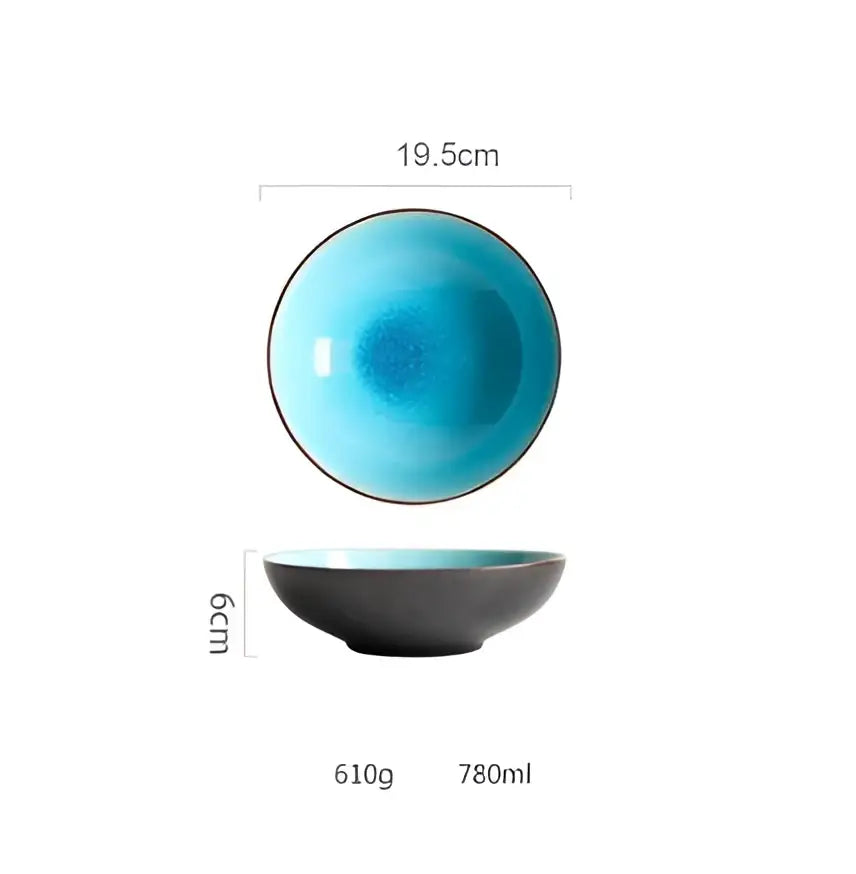 A sleek ceramic tableware set bowl with turquoise ice cracking glaze interior and matte black exterior for dining room