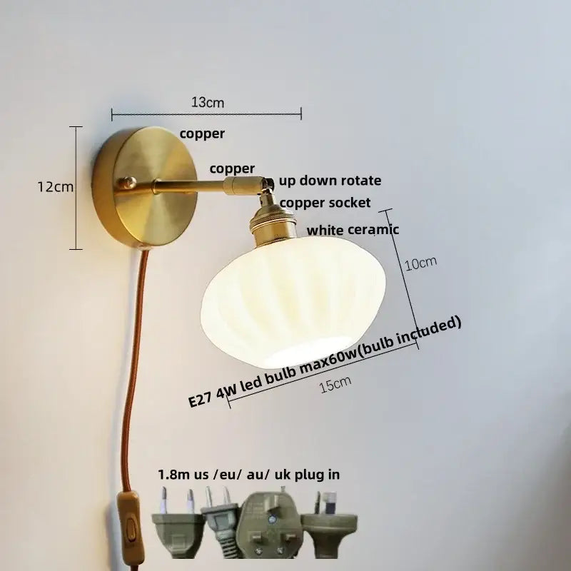 Brass-finished wall sconce with white ceramic shade and copper hardware for decorbites blue glass wall decor