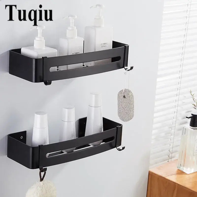 Two tier black aluminum corner shelf bathroom caddy with hooks featuring central cutouts and side hooks for toiletries