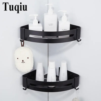 Black aluminum bathroom two tier corner shelf with slotted shelves and hooks by decorbites for shower organization
