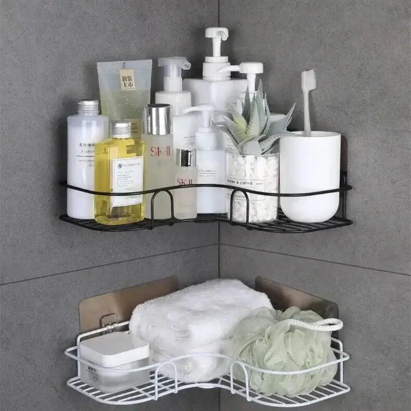 Two tier black metal corner storage shelves with toiletries and a white ceramic toothbrush holder for bathroom storage decorbites corner bathroom