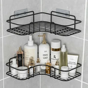 Black metal corner shower caddy with two tiers and adhesive backing for bathroom storage shelves by decorbites corner bathroom