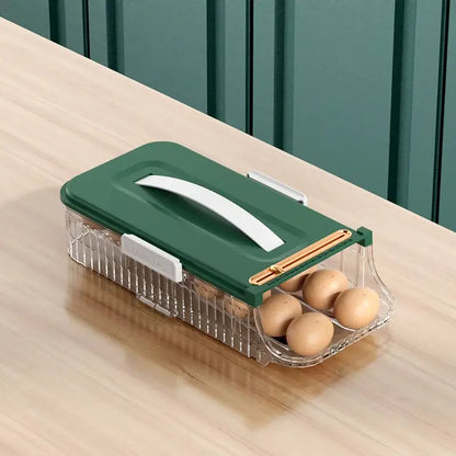 Two tier clear green and white plastic egg storage box with handle holding brown eggs for kitchen organization