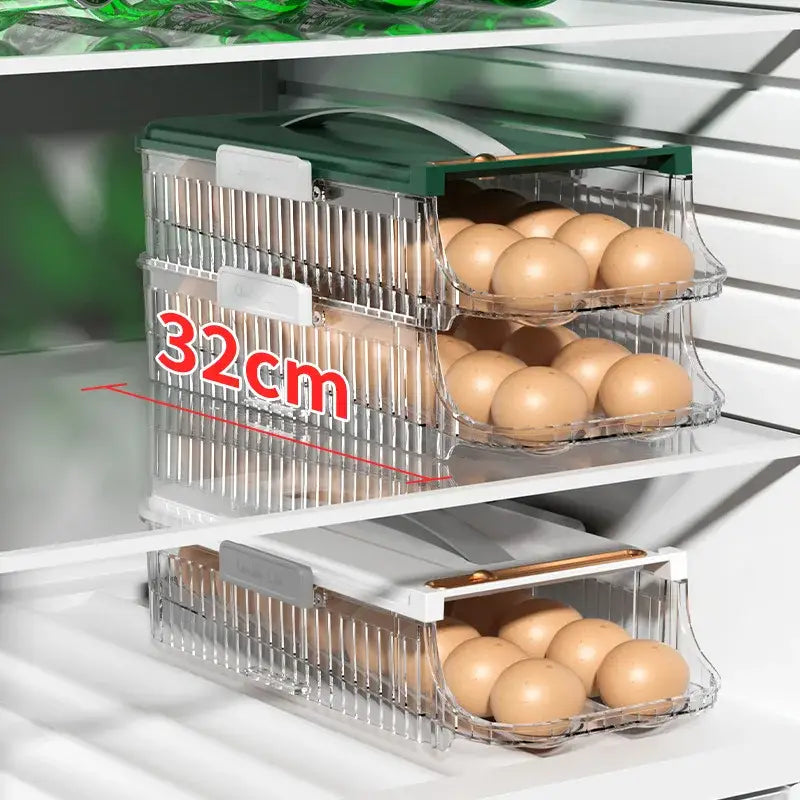 Two tier clear green and white plastic egg storage box with brown eggs in a tiered refrigerator organizer