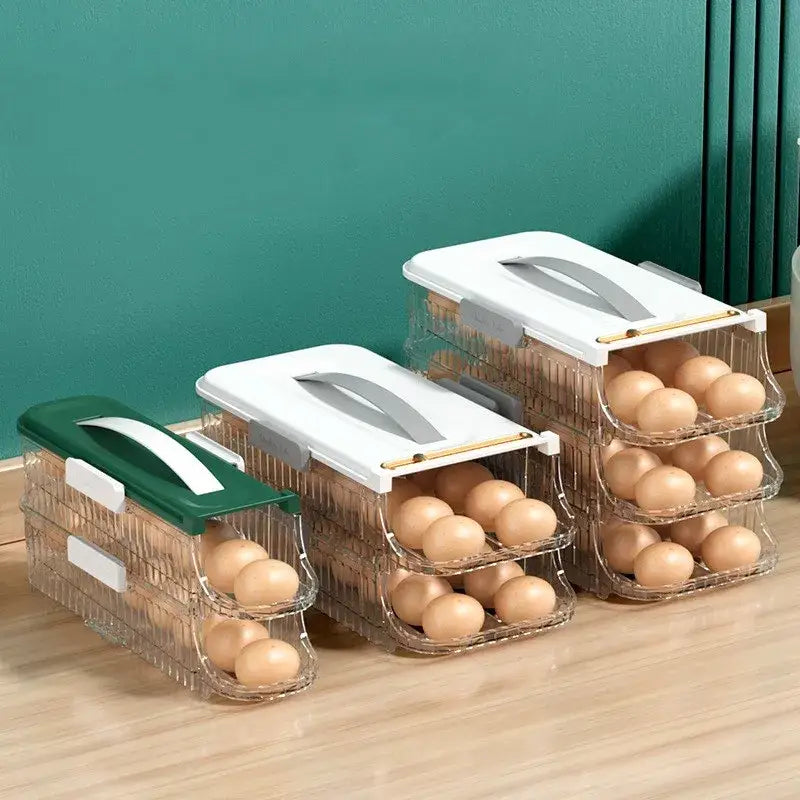 Two tier clear green and white egg storage box with gray handles for organized egg storage in the kitchen organizer