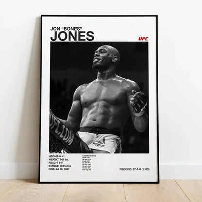 Black and white ufc canvas print of jon Bones Jones in victorious pose with stats for gym decor DecorBites™ white ufc