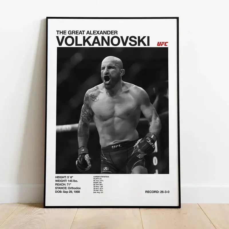 DecorBites™ black and white ufc canvas print featuring Alexander Volkanovski in a dynamic fighting stance for gym decor