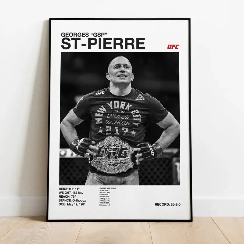 Black and white ufc canvas print of georges gsp st pierre holding championship belt for gym decor by decorbites