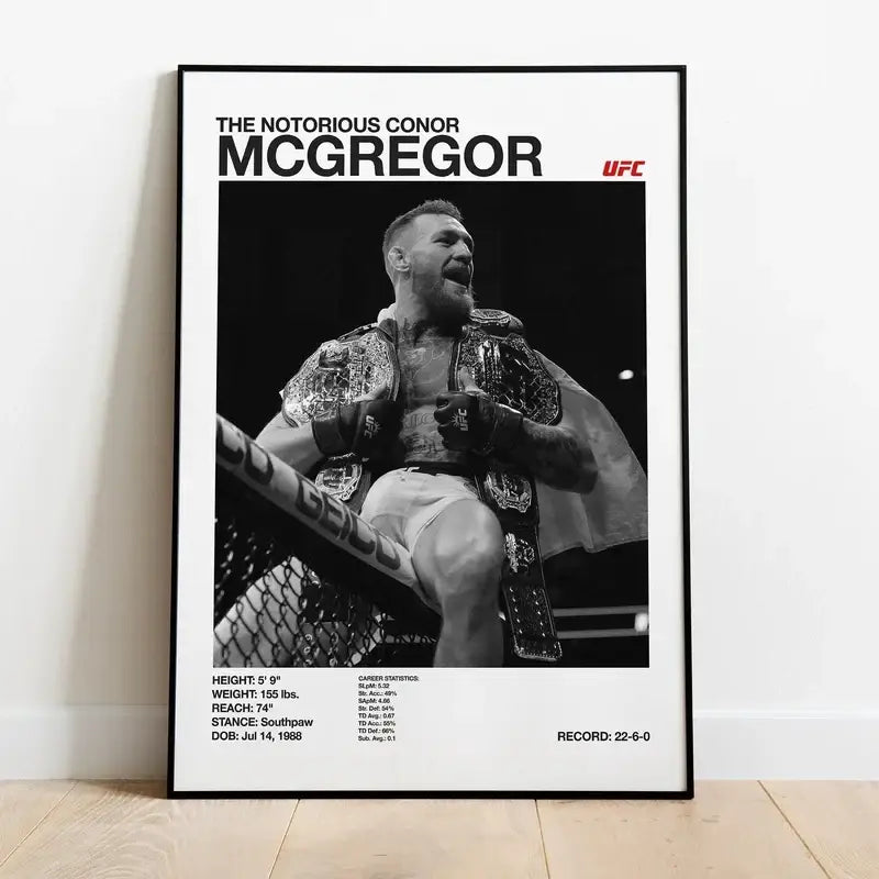 Black and white ufc canvas print featuring conor mcgregor in a championship pose with bold stats for gym decor