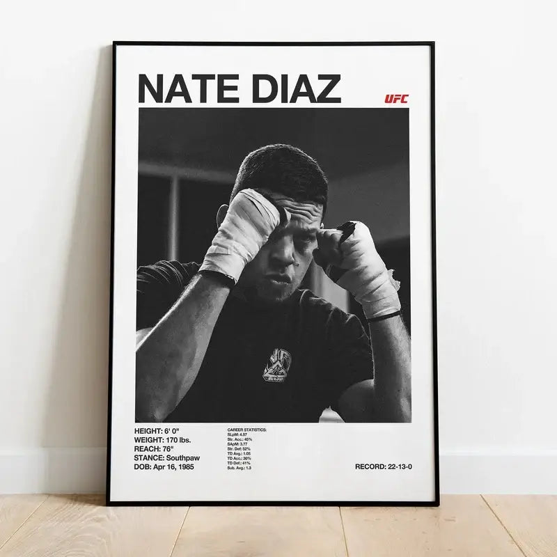 Black and white ufc canvas print featuring nate diaz in boxing stance with stats for gym decor by decorbites
