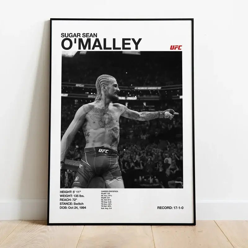 Black and white ufc canvas print featuring sugar sean o’malley with stats for gym decor by decorbites