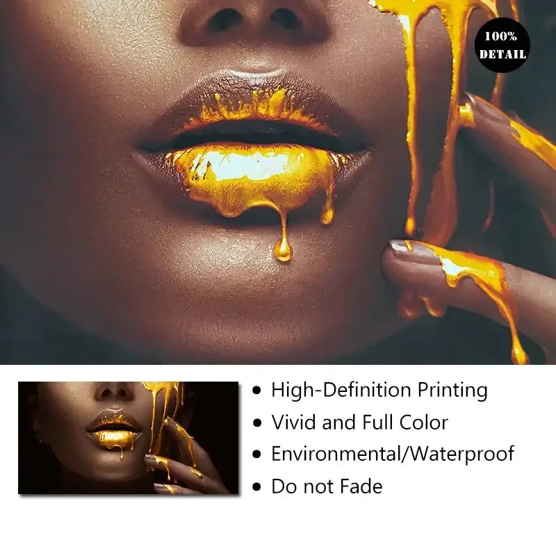 High-definition decorbites™ black and white ufc canvas print featuring golden liquid on glossy lips and fingers for gym decor