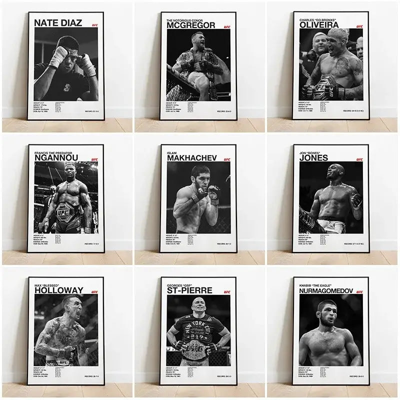 Nine framed black and white ufc canvas prints featuring fighters in their prime with bold white ufc text for gym decor