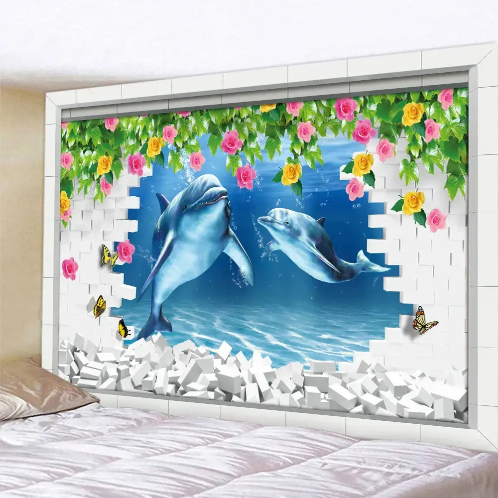 Underwater world mandala yoga mat featuring 3d decorbites 3d underwater dolphins and floral broken brick wall design