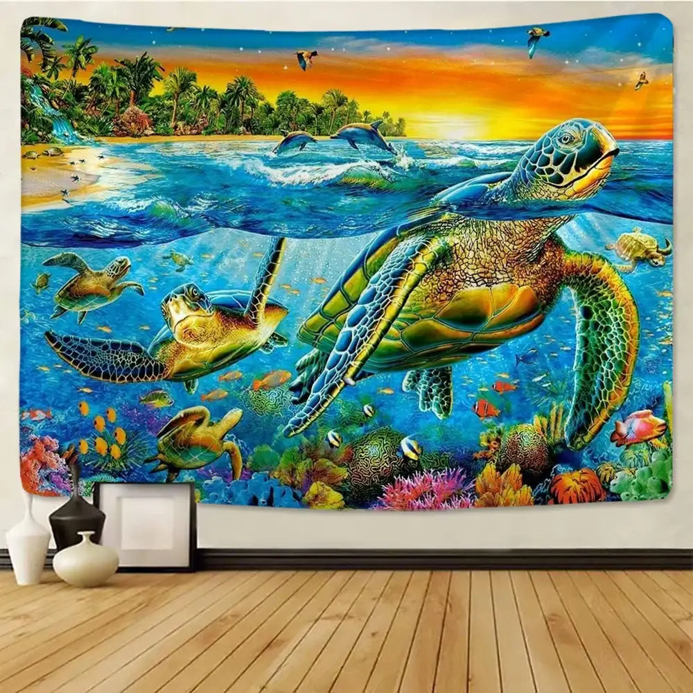 Underwater world mandala yoga mat tapestry blanket featuring a green sea turtle and colorful coral reefs decorbites 3d underwater