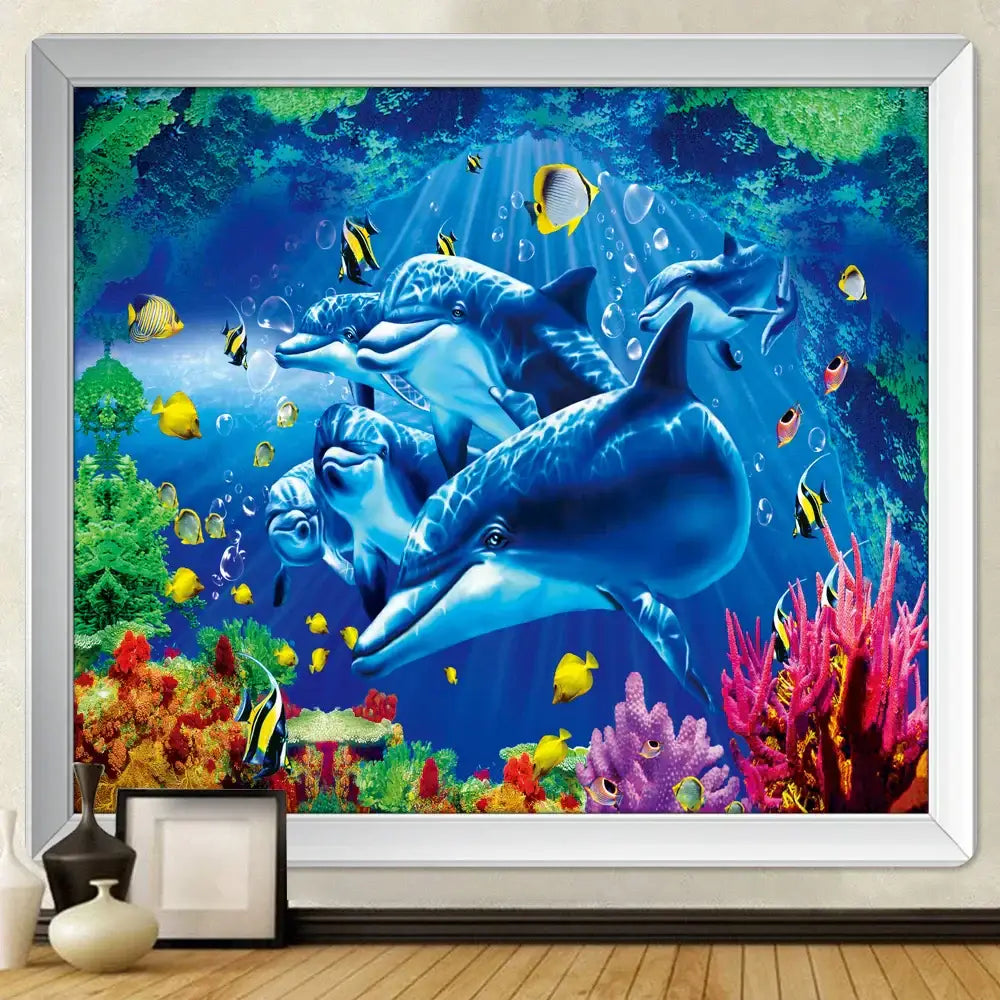 Vibrant blue dolphin-themed underwater world mandala wall art in white frame with colorful coral and tropical fish decorbites 3d underwater