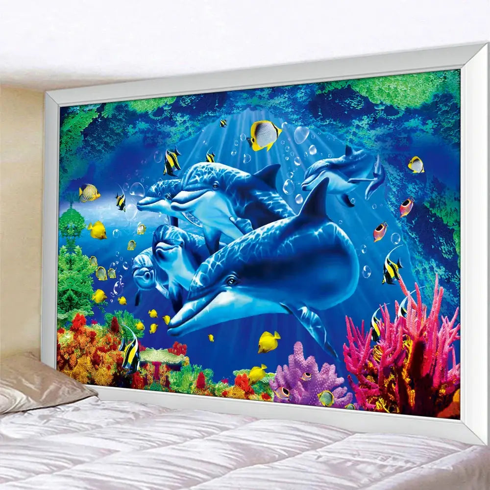 Underwater world mandala yoga mat tapestry blanket featuring vibrant dolphins tropical fish and colorful coral decorbites 3d underwater