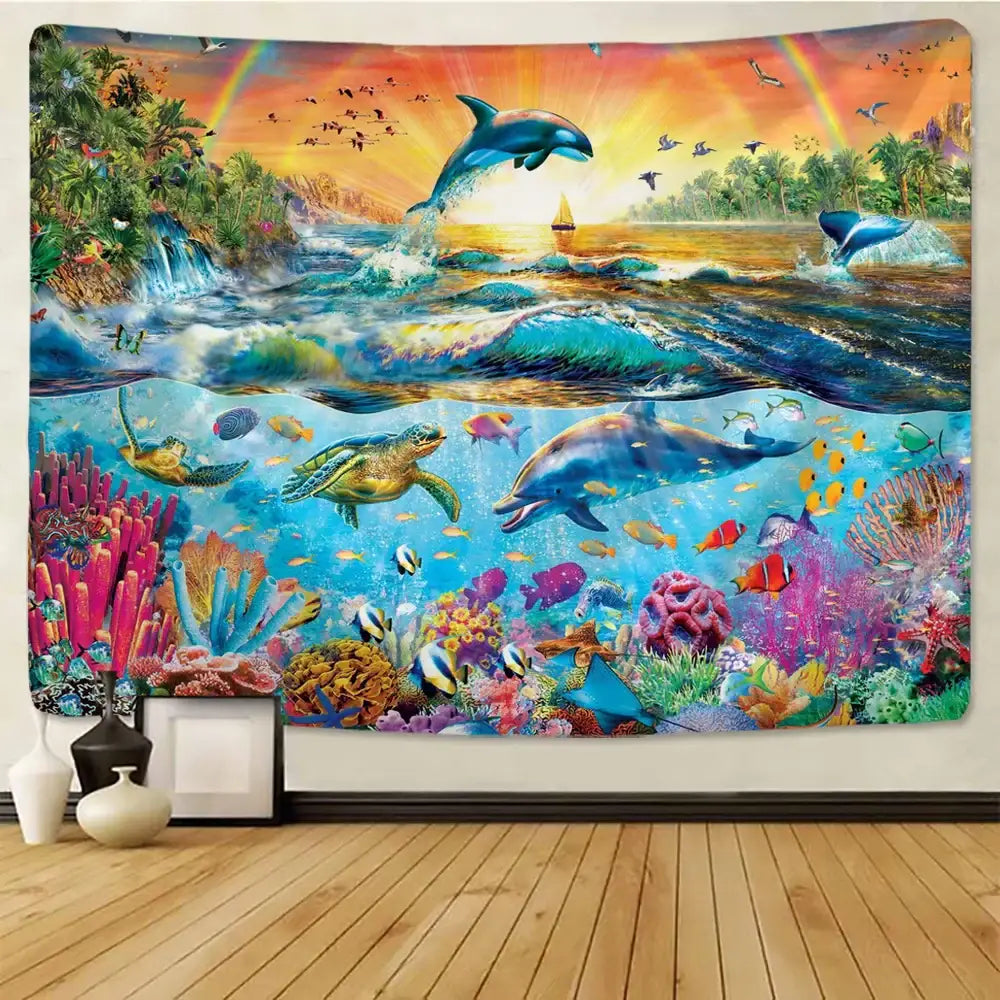 Vibrant underwater world mandala yoga mat tapestry blanket with dolphins turtles and colorful coral for living room decorbites 3d underwater