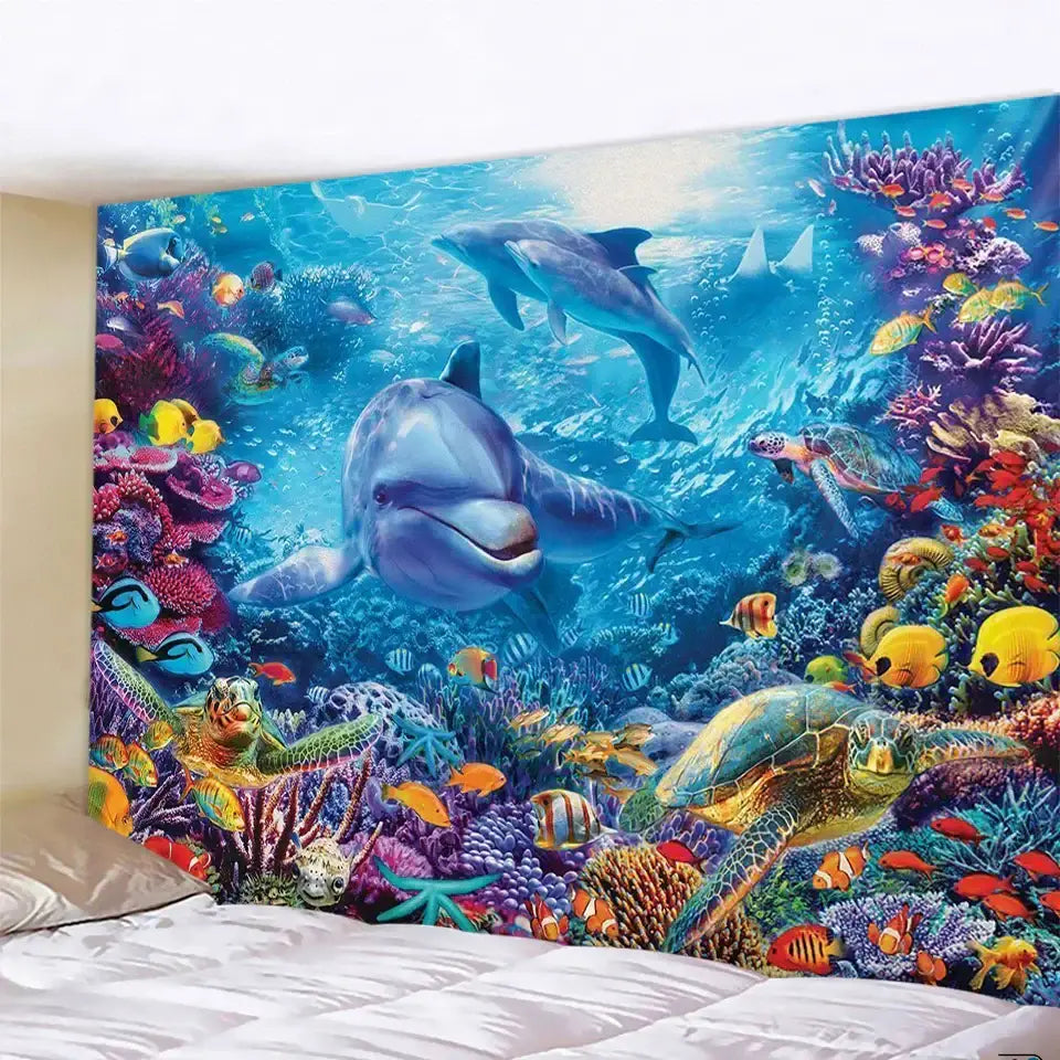 Underwater world mandala yoga mat tapestry blanket decorbites 3d underwater featuring dolphins turtles and colorful fish